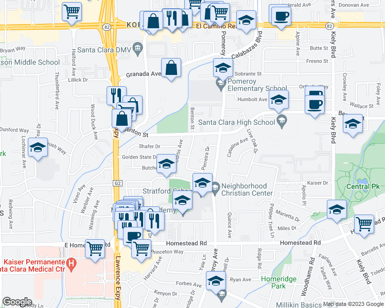 map of restaurants, bars, coffee shops, grocery stores, and more near 985 Capitola Way in Santa Clara