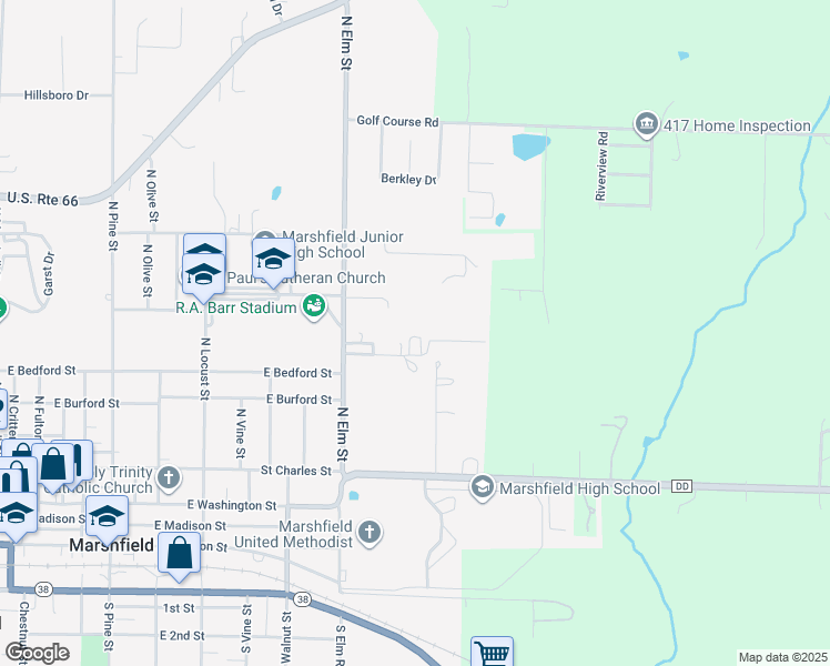 map of restaurants, bars, coffee shops, grocery stores, and more near 997 Elm Branch Drive in Marshfield