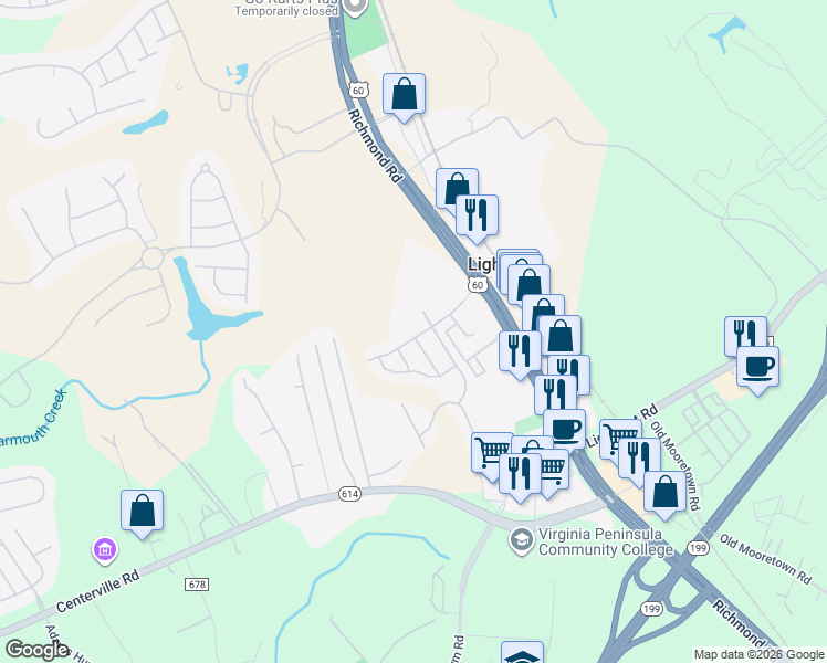 map of restaurants, bars, coffee shops, grocery stores, and more near 4624 Noland Boulevard in Williamsburg