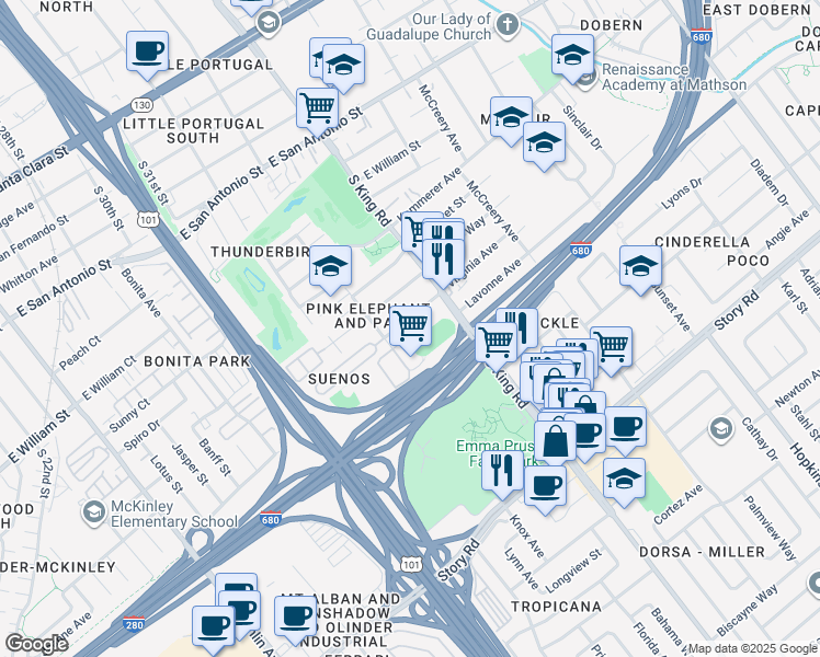 map of restaurants, bars, coffee shops, grocery stores, and more near 1633 Virginia Avenue in San Jose