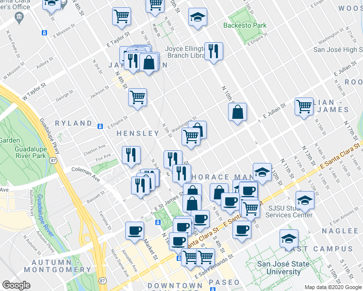 map of restaurants, bars, coffee shops, grocery stores, and more near 360 North 5th Street in San Jose