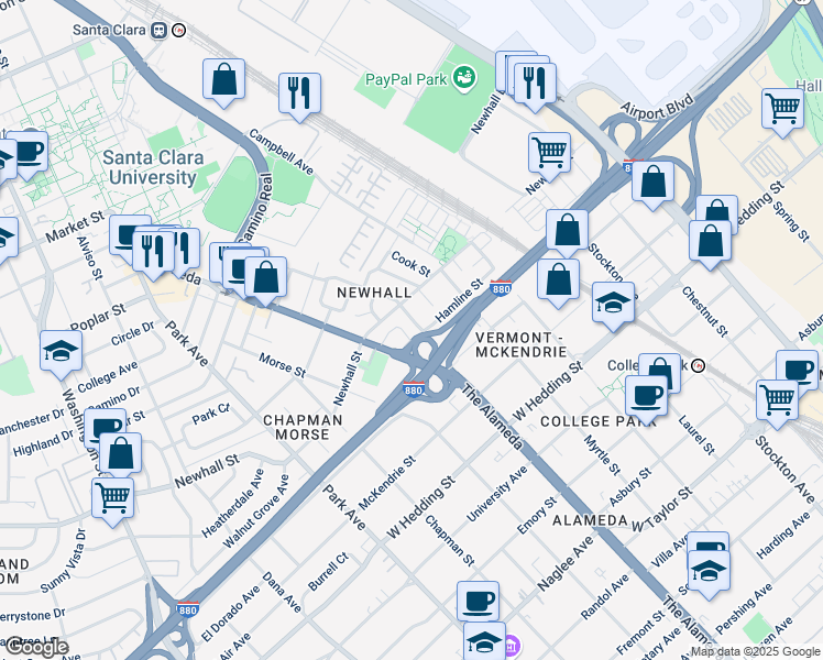 map of restaurants, bars, coffee shops, grocery stores, and more near 1075 Hamline Street in San Jose