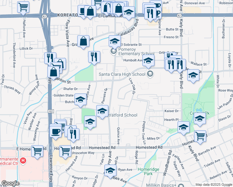 map of restaurants, bars, coffee shops, grocery stores, and more near 3282 Catalina Avenue in Santa Clara