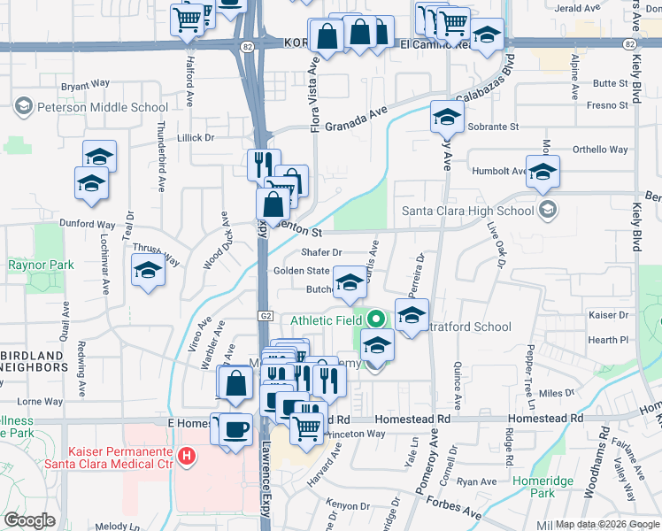 map of restaurants, bars, coffee shops, grocery stores, and more near 3494 Shafer Drive in Santa Clara