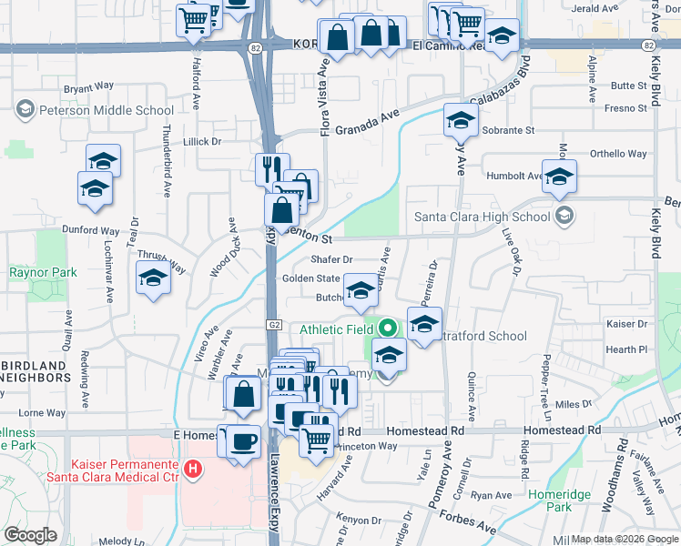 map of restaurants, bars, coffee shops, grocery stores, and more near 3494 Shafer Drive in Santa Clara
