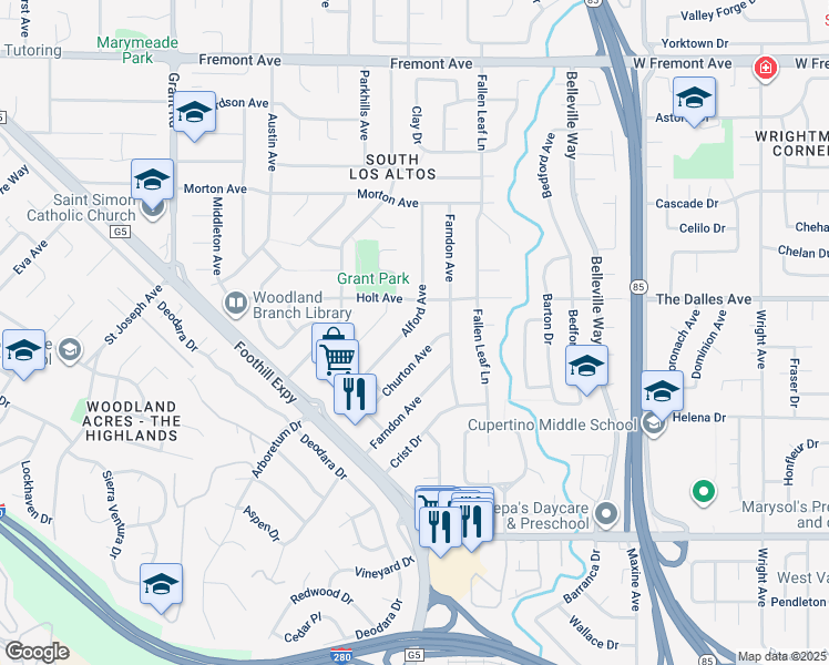 map of restaurants, bars, coffee shops, grocery stores, and more near 1913 Alford Avenue in Los Altos