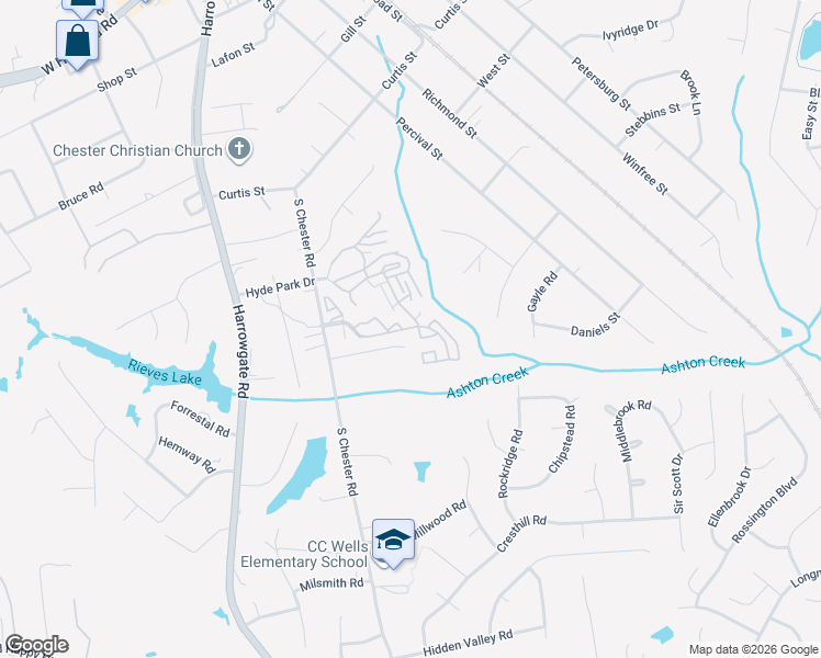 map of restaurants, bars, coffee shops, grocery stores, and more near 4100 Creek Way in Chester