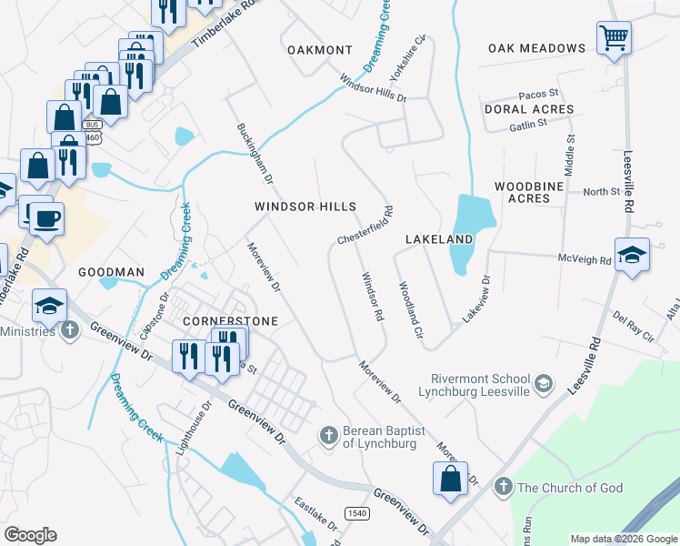 map of restaurants, bars, coffee shops, grocery stores, and more near 210 Chesterfield Rd in Lynchburg