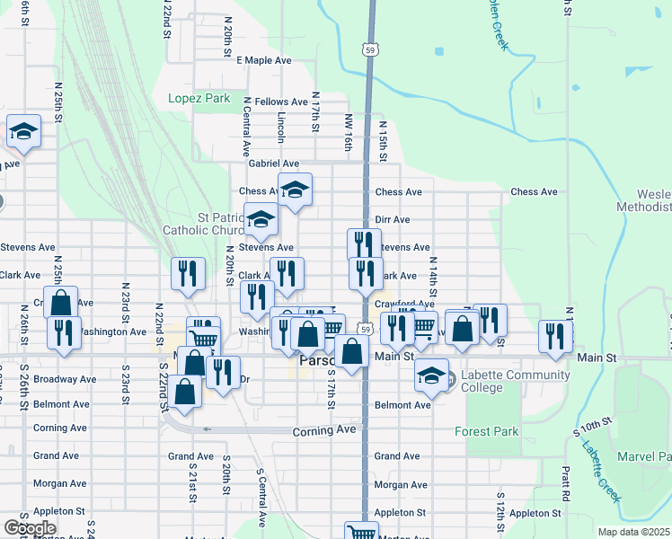 map of restaurants, bars, coffee shops, grocery stores, and more near 401-447 North 17th Street in Parsons