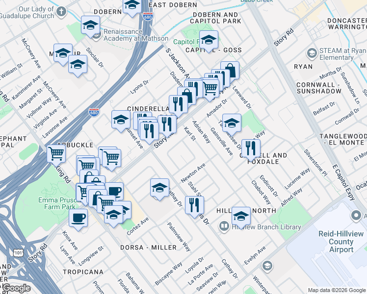 map of restaurants, bars, coffee shops, grocery stores, and more near 1164 Edith Street in San Jose