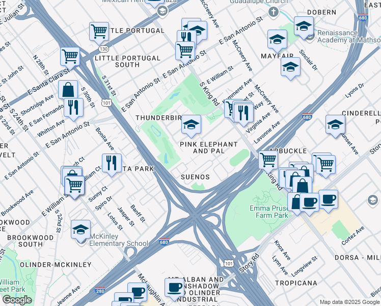 map of restaurants, bars, coffee shops, grocery stores, and more near 1561 Virginia Place in San Jose