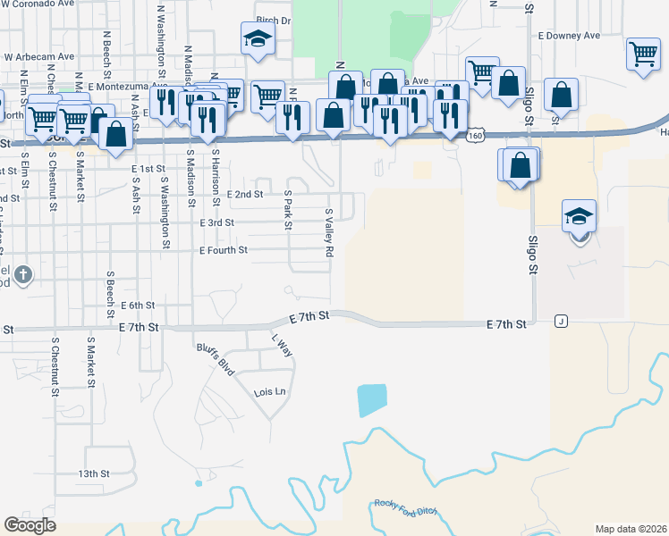 map of restaurants, bars, coffee shops, grocery stores, and more near 418 South Valley Road in Cortez