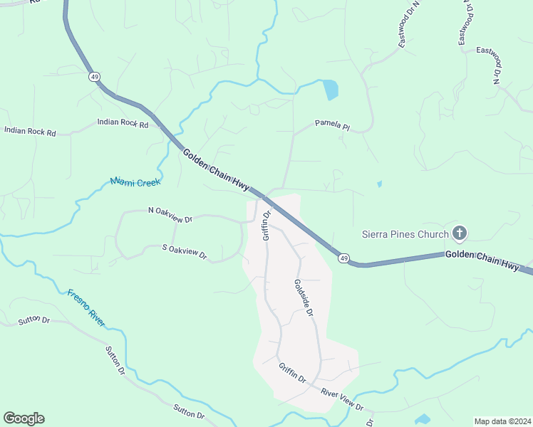 map of restaurants, bars, coffee shops, grocery stores, and more near Griffin Drive in Ahwahnee