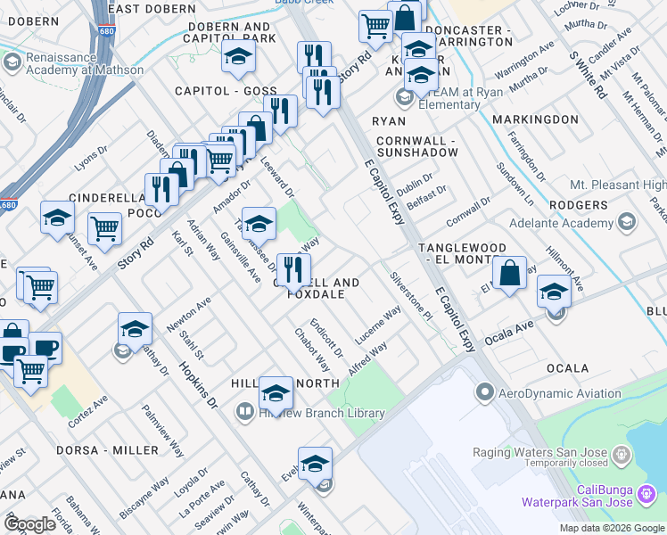 map of restaurants, bars, coffee shops, grocery stores, and more near 2429 Poplar Drive in San Jose