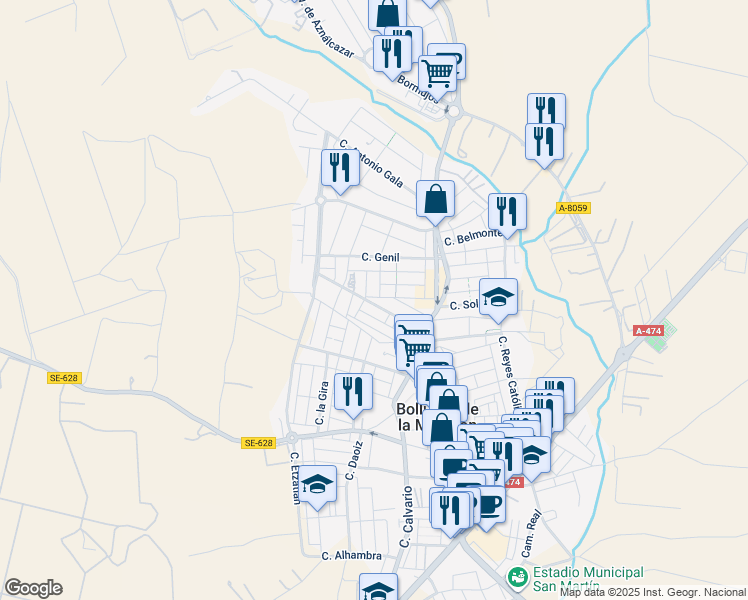 map of restaurants, bars, coffee shops, grocery stores, and more near 21 Calle Martínez Montañés in Bollullos de la Mitación