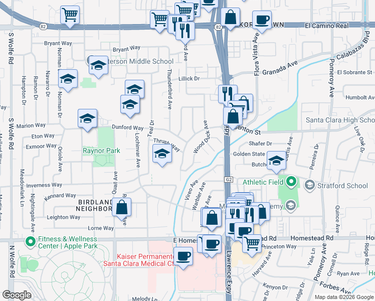 map of restaurants, bars, coffee shops, grocery stores, and more near 3755 Thrush Way in Santa Clara