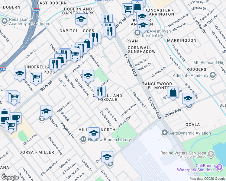 map of restaurants, bars, coffee shops, grocery stores, and more near 2429 Poplar Drive in San Jose