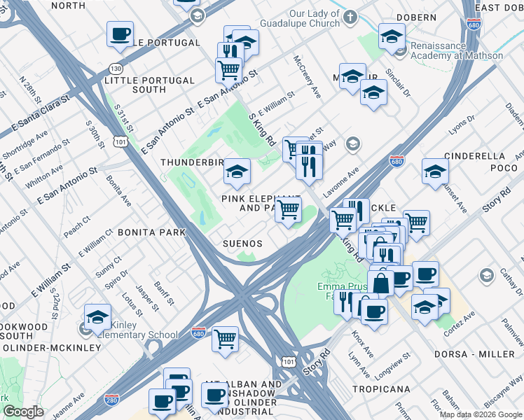 map of restaurants, bars, coffee shops, grocery stores, and more near 1594 Virginia Place in San Jose