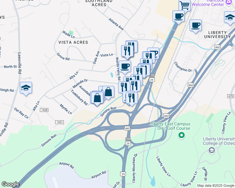 map of restaurants, bars, coffee shops, grocery stores, and more near 7 Edgewood Court in Lynchburg
