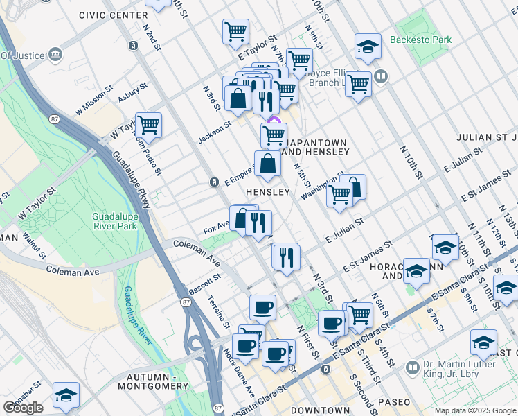 map of restaurants, bars, coffee shops, grocery stores, and more near in San Jose