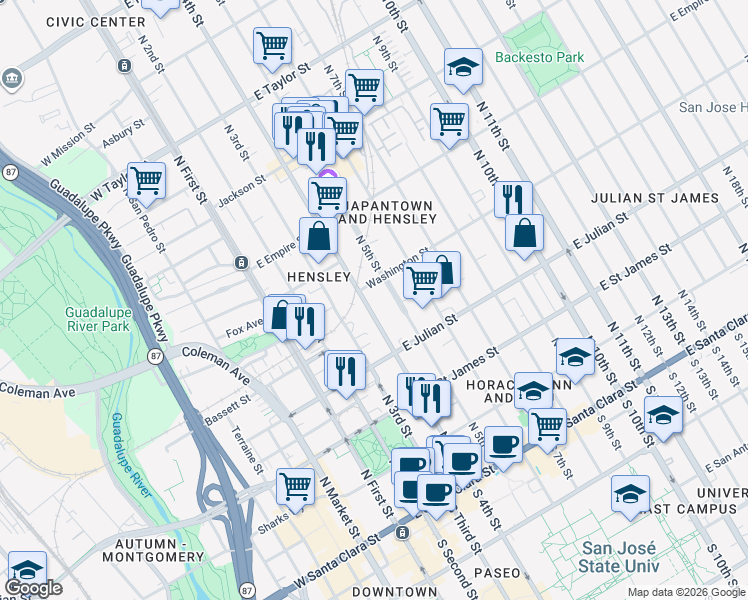map of restaurants, bars, coffee shops, grocery stores, and more near 380 North 4th Street in San Jose