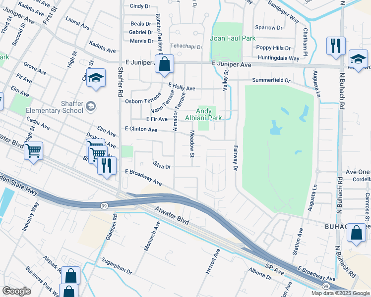 map of restaurants, bars, coffee shops, grocery stores, and more near 1444 Almador Terrace in Atwater