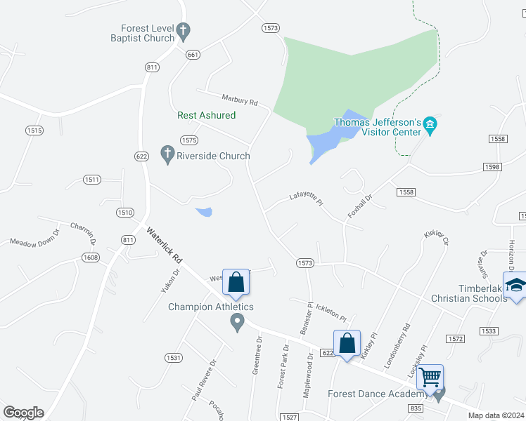map of restaurants, bars, coffee shops, grocery stores, and more near 510 Ramblewood Road in Forest