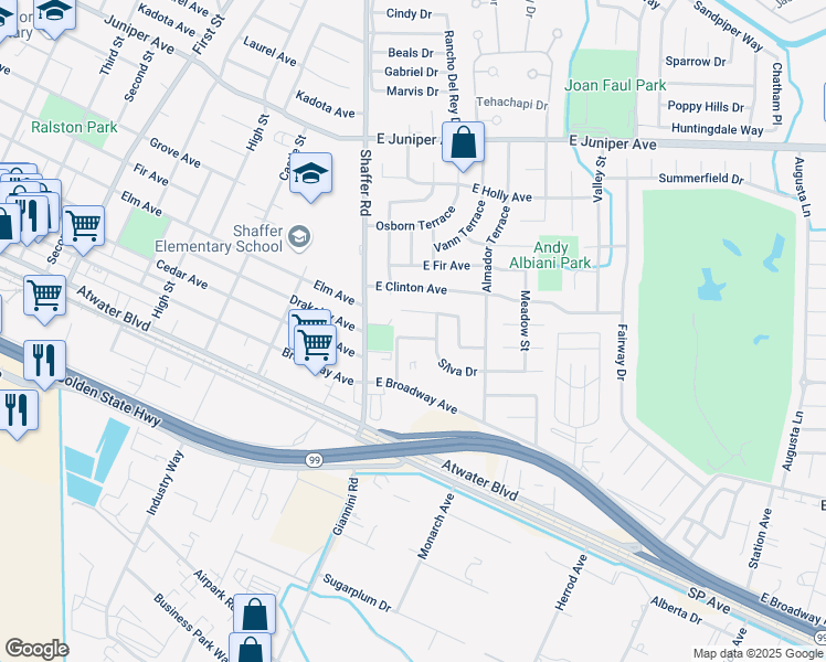 map of restaurants, bars, coffee shops, grocery stores, and more near 229 Branco Avenue in Atwater