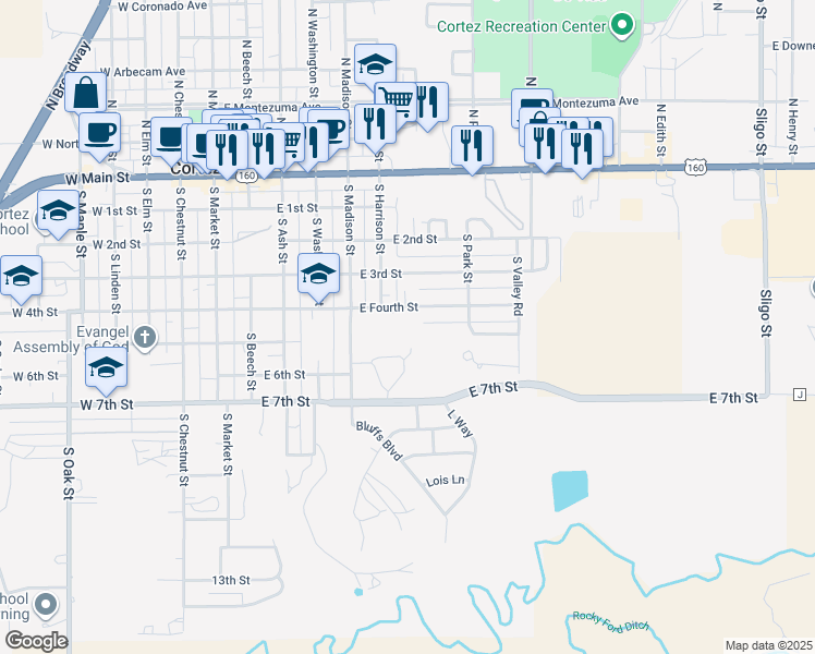 map of restaurants, bars, coffee shops, grocery stores, and more near 524 East Fourth Street in Cortez