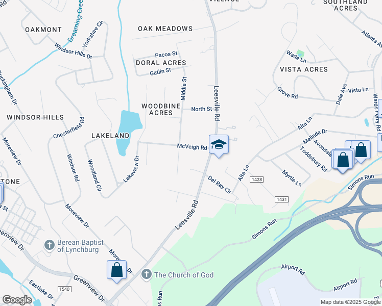map of restaurants, bars, coffee shops, grocery stores, and more near 1503 McVeigh Road in Lynchburg