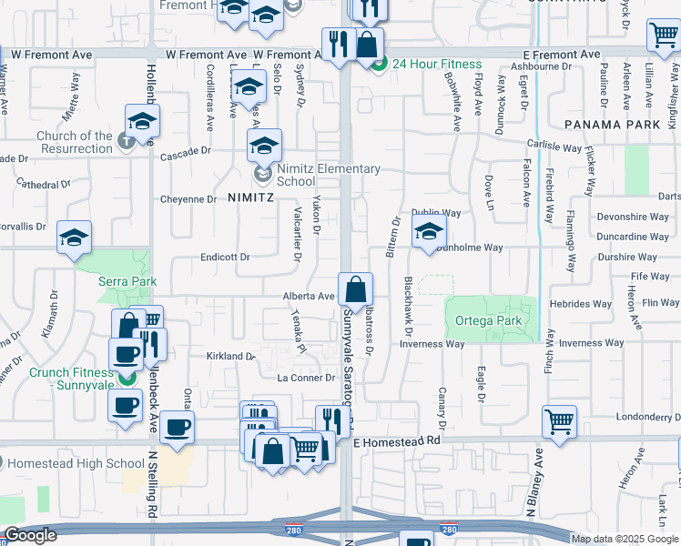 map of restaurants, bars, coffee shops, grocery stores, and more near 501 Fern Ridge Court in Sunnyvale