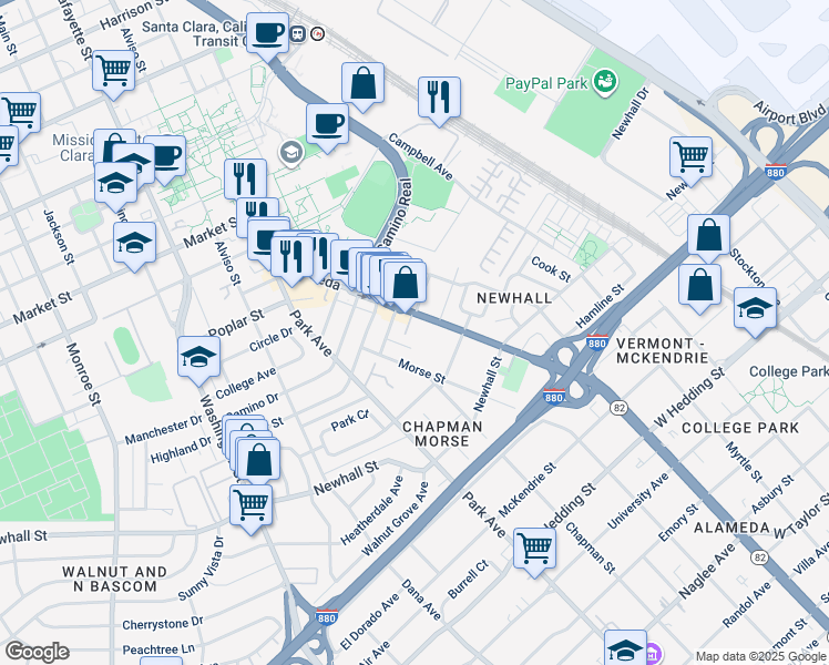 map of restaurants, bars, coffee shops, grocery stores, and more near 2201 The Alameda in Santa Clara