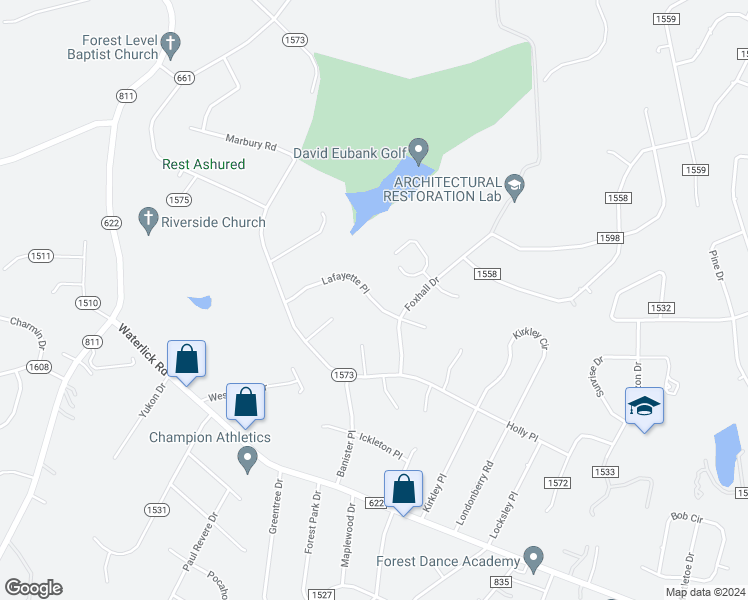 map of restaurants, bars, coffee shops, grocery stores, and more near 127 State Route 1572 in Forest