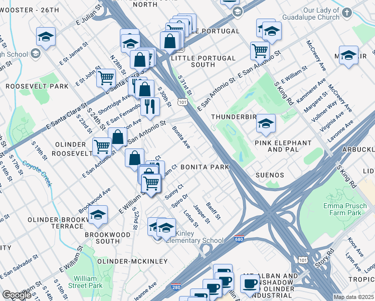 map of restaurants, bars, coffee shops, grocery stores, and more near 352 Bonita Avenue in San Jose