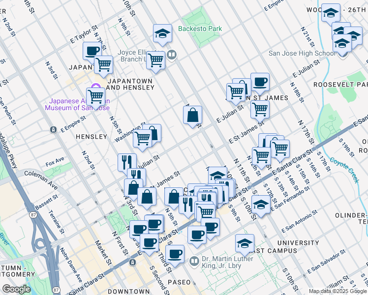 map of restaurants, bars, coffee shops, grocery stores, and more near in San Jose