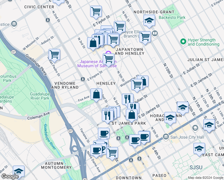 map of restaurants, bars, coffee shops, grocery stores, and more near 406 North 3rd Street in San Jose