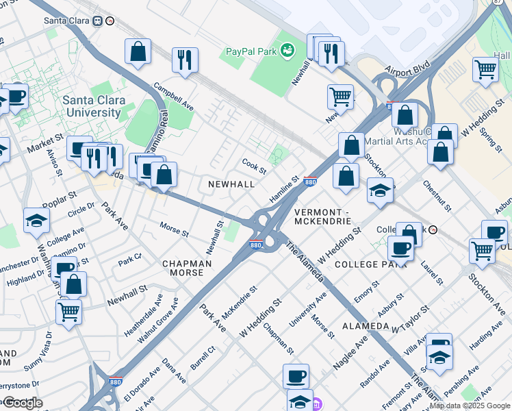 map of restaurants, bars, coffee shops, grocery stores, and more near 1075 Hamline Street in San Jose