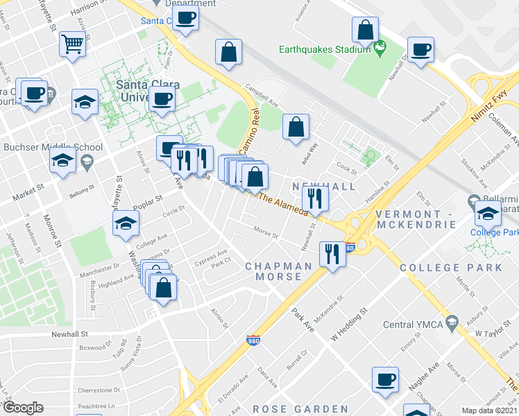 map of restaurants, bars, coffee shops, grocery stores, and more near 2201 The Alameda in Santa Clara