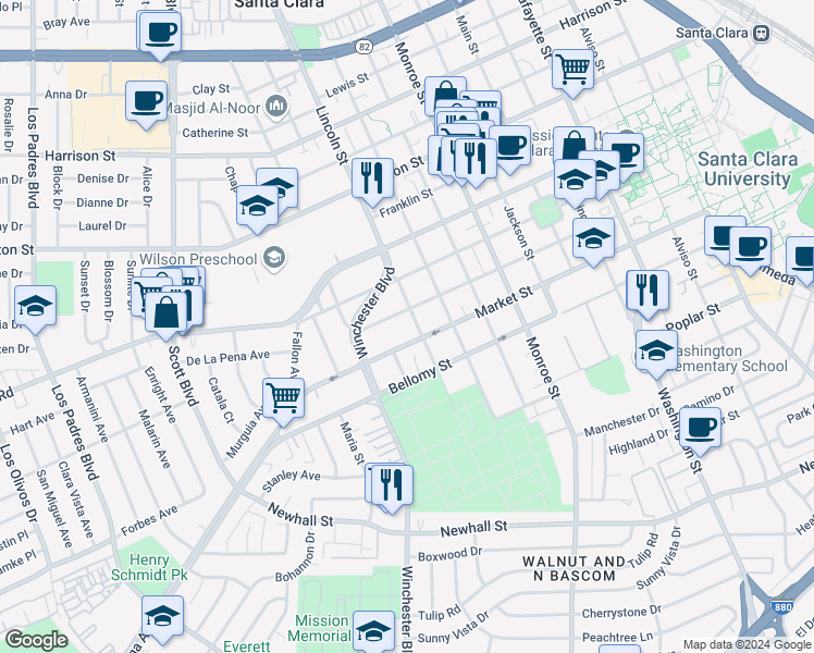map of restaurants, bars, coffee shops, grocery stores, and more near 674 Lincoln Street in Santa Clara
