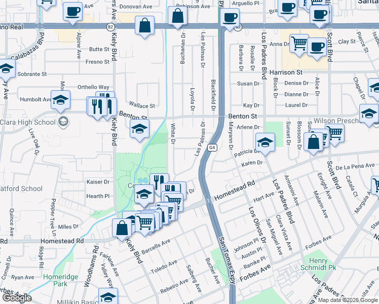 map of restaurants, bars, coffee shops, grocery stores, and more near 2515 Rose Way in Santa Clara