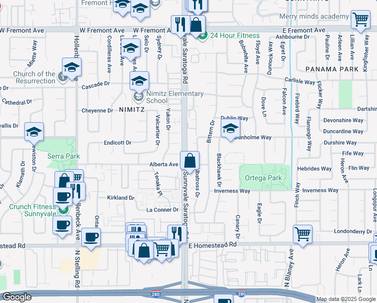 map of restaurants, bars, coffee shops, grocery stores, and more near 501 Fern Ridge Court in Sunnyvale