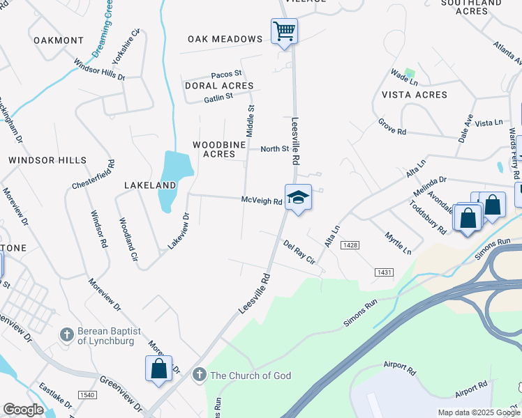 map of restaurants, bars, coffee shops, grocery stores, and more near 1503 McVeigh Road in Lynchburg