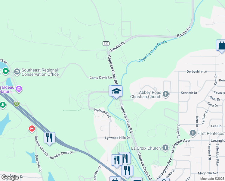 map of restaurants, bars, coffee shops, grocery stores, and more near 2961 Walden Boulevard in Cape Girardeau