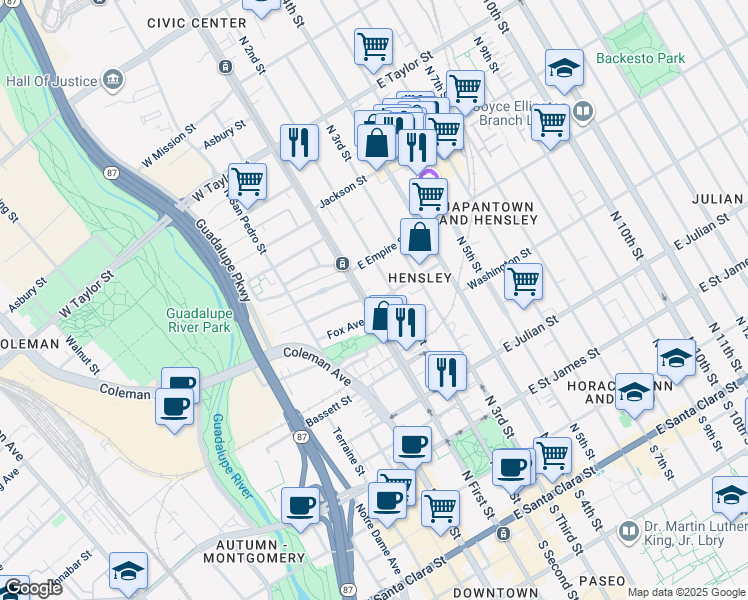 map of restaurants, bars, coffee shops, grocery stores, and more near 458 North First Street in San Jose