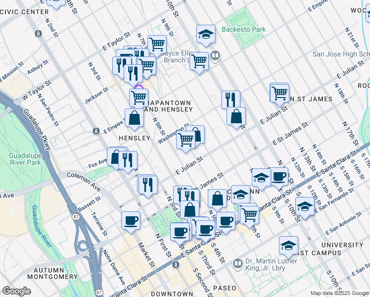 map of restaurants, bars, coffee shops, grocery stores, and more near 360 North 5th Street in San Jose