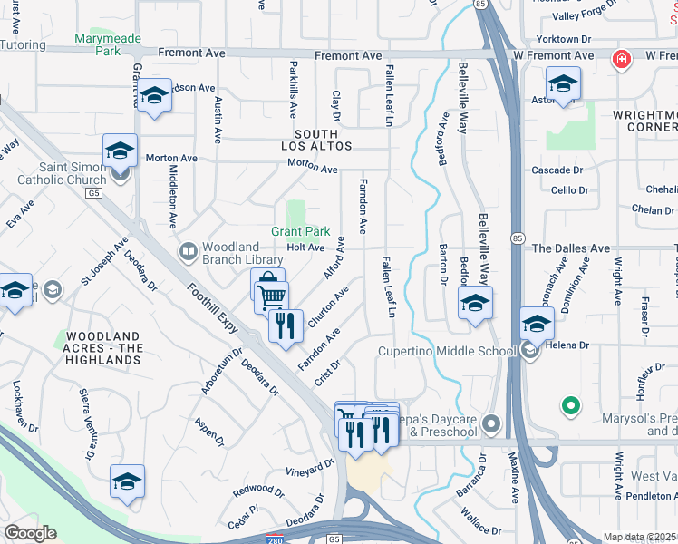 map of restaurants, bars, coffee shops, grocery stores, and more near 1913 Alford Avenue in Los Altos