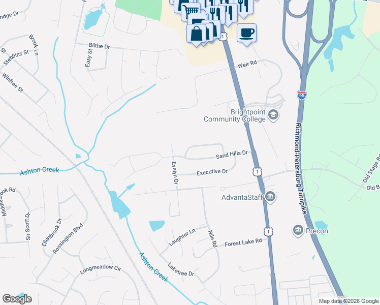 map of restaurants, bars, coffee shops, grocery stores, and more near 2835 Pine Meadows Circle in Chester
