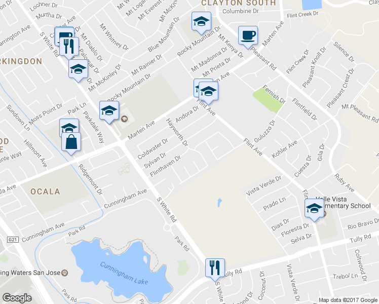 map of restaurants, bars, coffee shops, grocery stores, and more near 2011 Hayworth Drive in San Jose