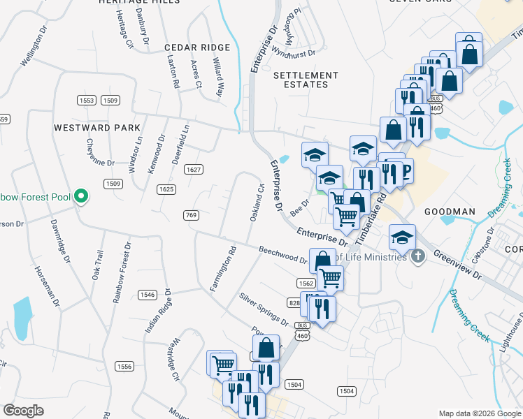 map of restaurants, bars, coffee shops, grocery stores, and more near 127 Oakland Circle in Lynchburg