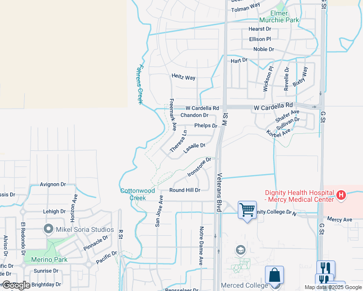 map of restaurants, bars, coffee shops, grocery stores, and more near 4250 Theresa Lane in Merced